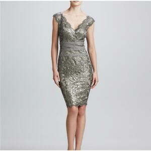 Tadashi Shoji Metallic Sequin Lace Cocktail Dress Pewter-Taupe Dress Size 10